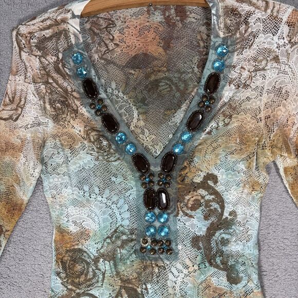 Boston Proper Lace Mesh Stretch Top Size XS Artsy Boho Layering Sheer Y2K Grunge - Picture 5 of 16